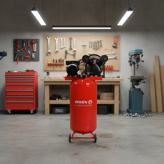 Red 100L electric air compressor with wheels and dual pressure gauges