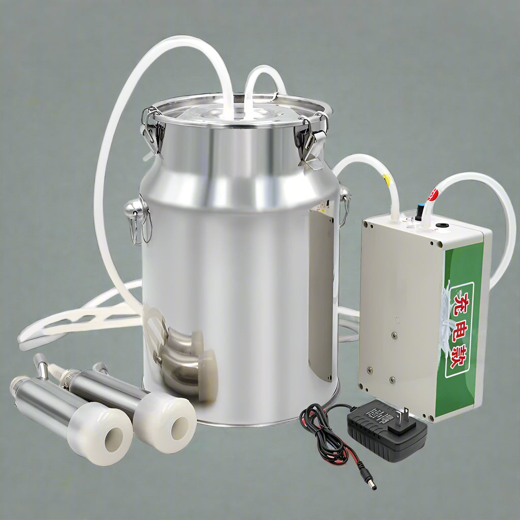 10L stainless steel milking machine full set for goats and cows

Rechargeable milking machine shown with cow suction setup

Automatic stop feature close-up with audible alert

Goat-specific milking accessories included in set

Easy-to-clean stainless steel tank and battery charger unit