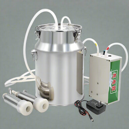 10L stainless steel milking machine full set for goats and cows

Rechargeable milking machine shown with cow suction setup

Automatic stop feature close-up with audible alert

Goat-specific milking accessories included in set

Easy-to-clean stainless steel tank and battery charger unit