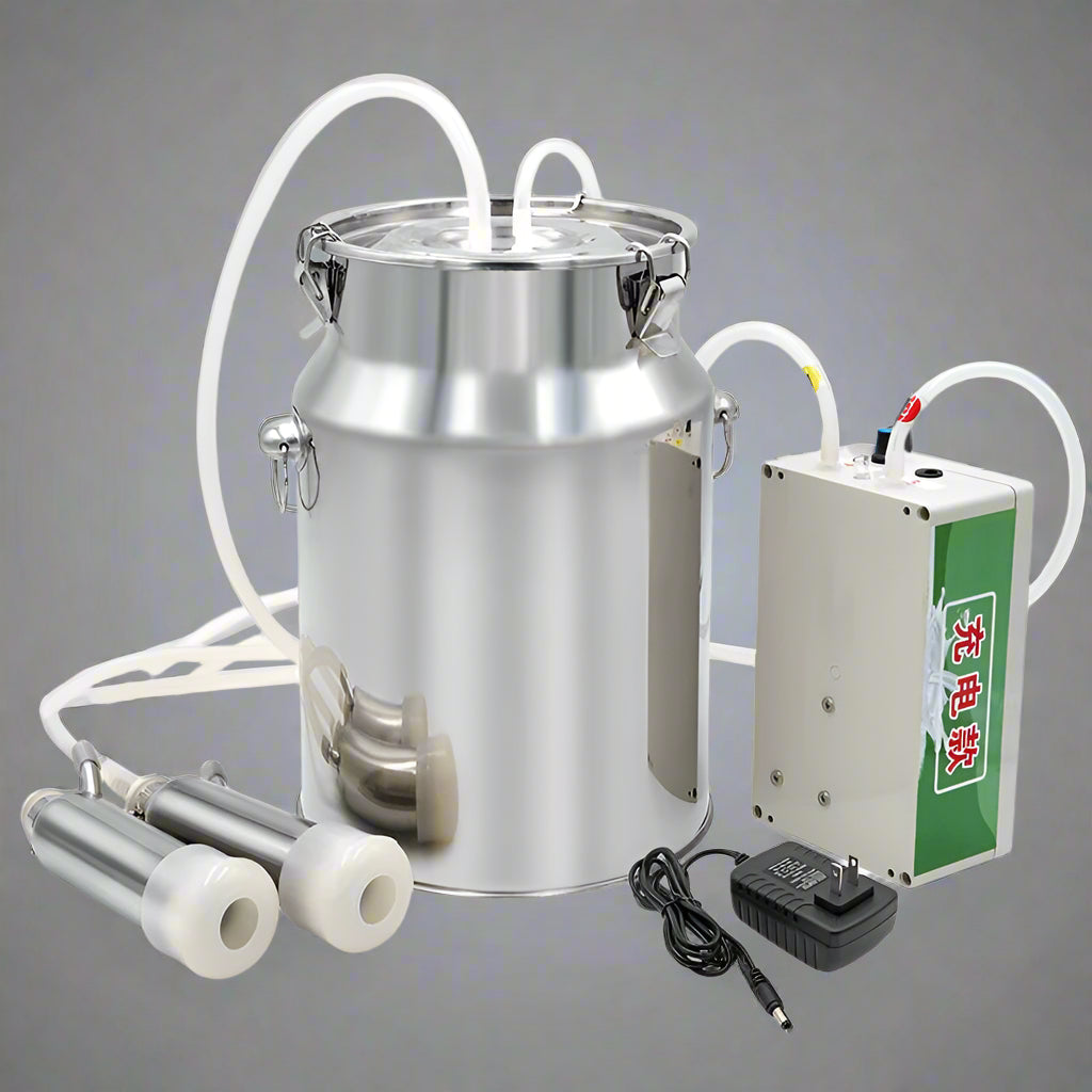 10L stainless steel milking machine full set for goats and cows

Rechargeable milking machine shown with cow suction setup

Automatic stop feature close-up with audible alert

Goat-specific milking accessories included in set

Easy-to-clean stainless steel tank and battery charger unit