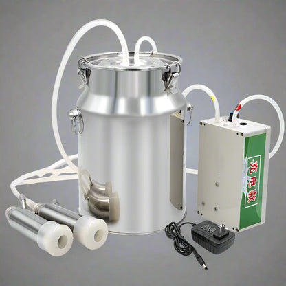 10L stainless steel milking machine full set for goats and cows

Rechargeable milking machine shown with cow suction setup

Automatic stop feature close-up with audible alert

Goat-specific milking accessories included in set

Easy-to-clean stainless steel tank and battery charger unit