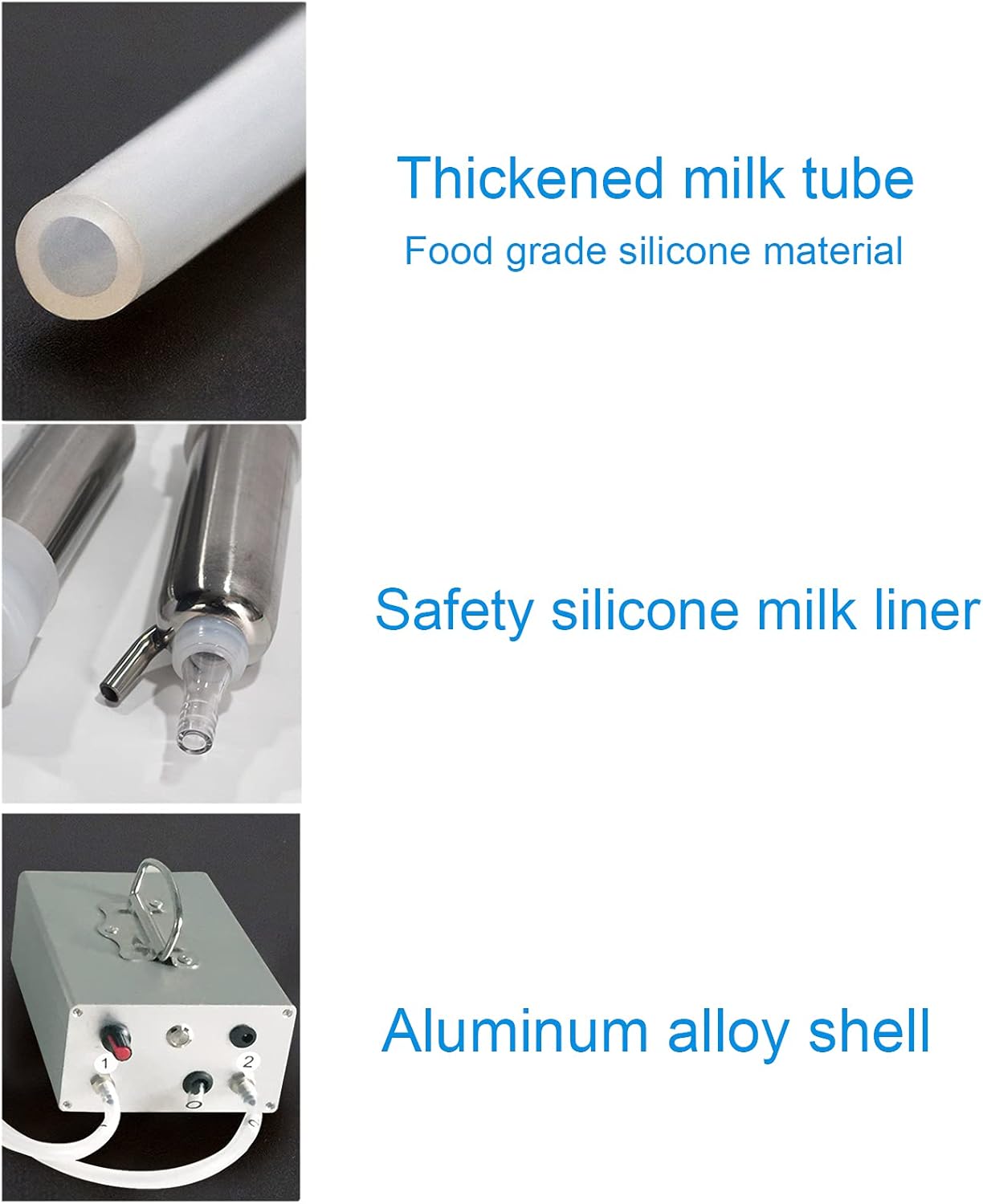 10L stainless steel milking machine full set for goats and cows

Rechargeable milking machine shown with cow suction setup

Automatic stop feature close-up with audible alert

Goat-specific milking accessories included in set

Easy-to-clean stainless steel tank and battery charger unit