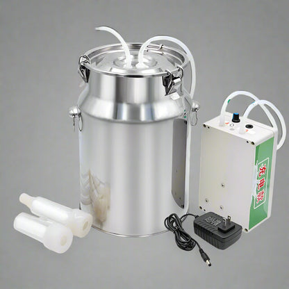 10L stainless steel milking machine full set for goats and cows

Rechargeable milking machine shown with cow suction setup

Automatic stop feature close-up with audible alert

Goat-specific milking accessories included in set

Easy-to-clean stainless steel tank and battery charger unit
