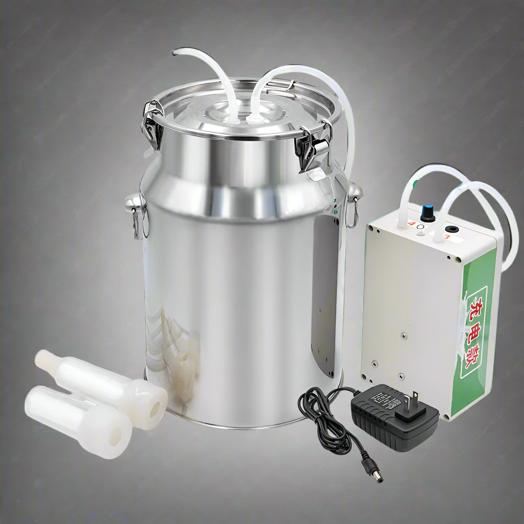 10L stainless steel milking machine full set for goats and cows

Rechargeable milking machine shown with cow suction setup

Automatic stop feature close-up with audible alert

Goat-specific milking accessories included in set

Easy-to-clean stainless steel tank and battery charger unit