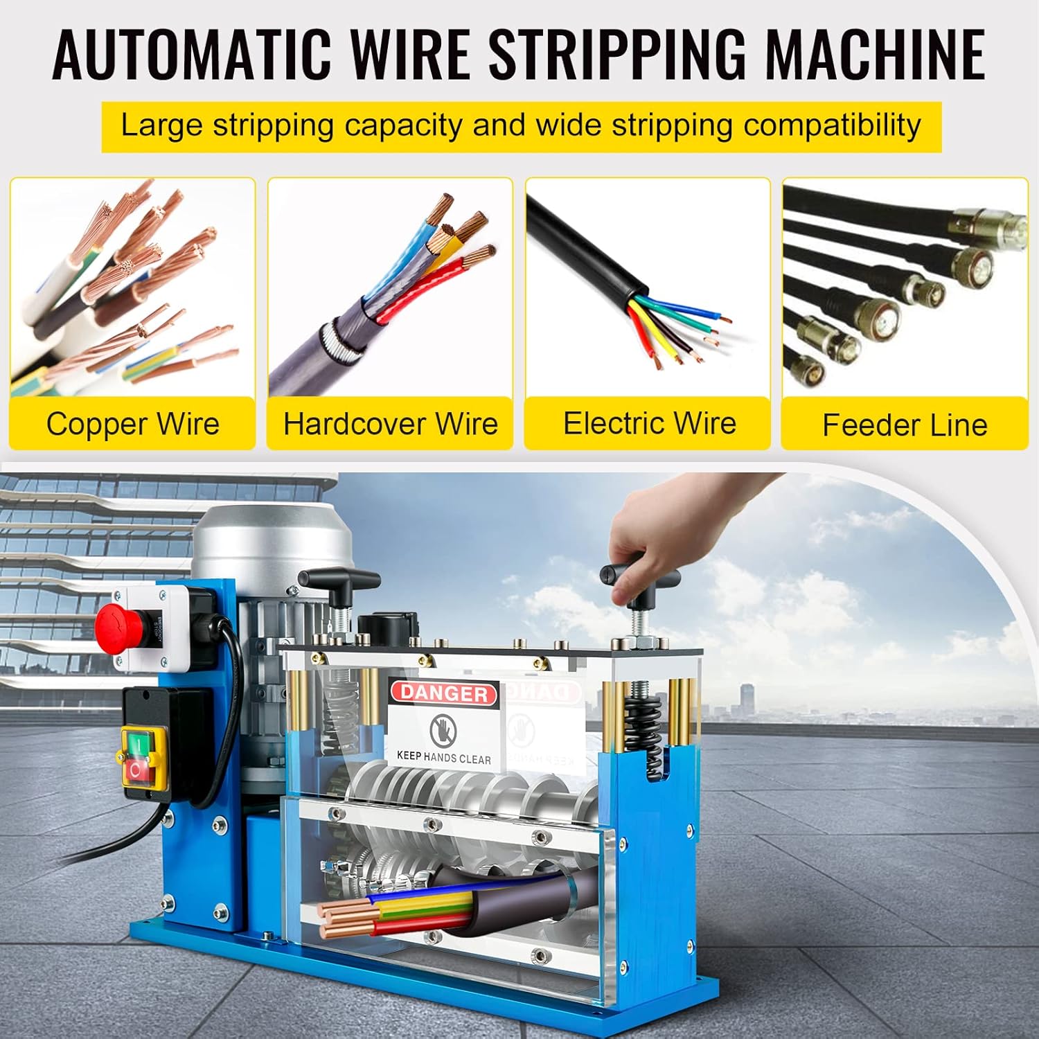 11-channel automatic wire stripping machine front view

Cable stripper with control panel and feeder channels

Industrial wire stripper with aluminum and steel frame

High-speed wire stripping machine on workbench

Wire stripping machine with emergency stop switch