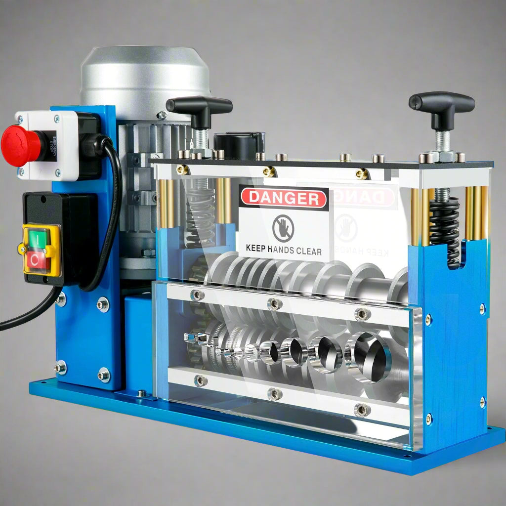 11-channel automatic wire stripping machine front view

Cable stripper with control panel and feeder channels

Industrial wire stripper with aluminum and steel frame

High-speed wire stripping machine on workbench

Wire stripping machine with emergency stop switch