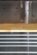 84" stainless steel tool bench with LED lighting and drawers

Solid wood top garage workbench with 11 storage drawers

Professional stainless steel tool station with LED bar

Close-up of drawer handles on heavy-duty tool bench

Industrial workbench with built-in lights and hardwood surface