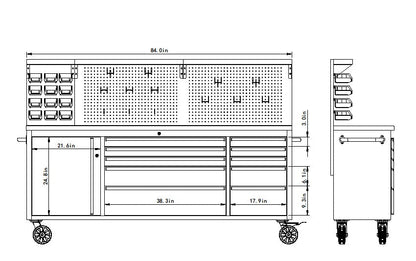 84" stainless steel tool bench with LED lighting and drawers

Solid wood top garage workbench with 11 storage drawers

Professional stainless steel tool station with LED bar

Close-up of drawer handles on heavy-duty tool bench

Industrial workbench with built-in lights and hardwood surface