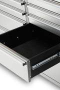 84" stainless steel tool bench with LED lighting and drawers

Solid wood top garage workbench with 11 storage drawers

Professional stainless steel tool station with LED bar

Close-up of drawer handles on heavy-duty tool bench

Industrial workbench with built-in lights and hardwood surface
