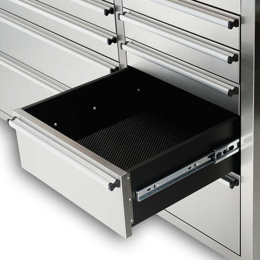 84" stainless steel tool bench with LED lighting and drawers

Solid wood top garage workbench with 11 storage drawers

Professional stainless steel tool station with LED bar

Close-up of drawer handles on heavy-duty tool bench

Industrial workbench with built-in lights and hardwood surface