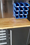 84" stainless steel tool bench with LED lighting and drawers

Solid wood top garage workbench with 11 storage drawers

Professional stainless steel tool station with LED bar

Close-up of drawer handles on heavy-duty tool bench

Industrial workbench with built-in lights and hardwood surface