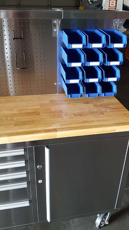 84" stainless steel tool bench with LED lighting and drawers

Solid wood top garage workbench with 11 storage drawers

Professional stainless steel tool station with LED bar

Close-up of drawer handles on heavy-duty tool bench

Industrial workbench with built-in lights and hardwood surface