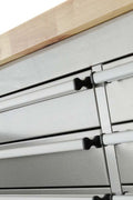 84" stainless steel tool bench with LED lighting and drawers

Solid wood top garage workbench with 11 storage drawers

Professional stainless steel tool station with LED bar

Close-up of drawer handles on heavy-duty tool bench

Industrial workbench with built-in lights and hardwood surface