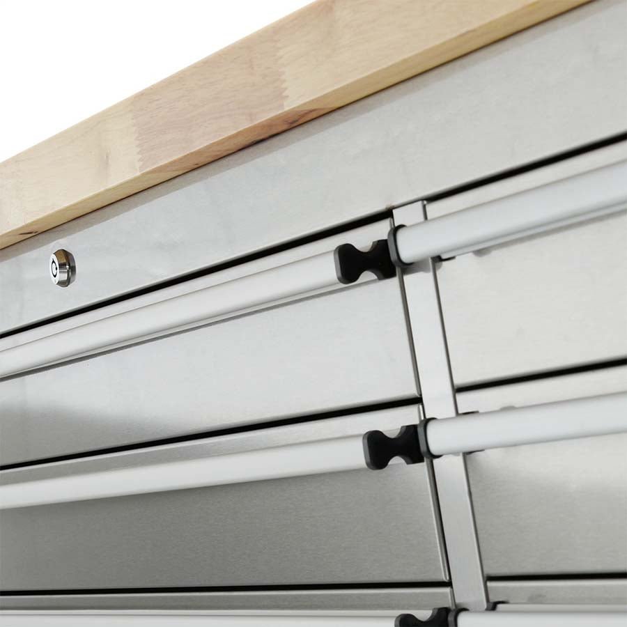 84" stainless steel tool bench with LED lighting and drawers

Solid wood top garage workbench with 11 storage drawers

Professional stainless steel tool station with LED bar

Close-up of drawer handles on heavy-duty tool bench

Industrial workbench with built-in lights and hardwood surface