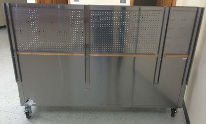 84" stainless steel tool bench with LED lighting and drawers

Solid wood top garage workbench with 11 storage drawers

Professional stainless steel tool station with LED bar

Close-up of drawer handles on heavy-duty tool bench

Industrial workbench with built-in lights and hardwood surface