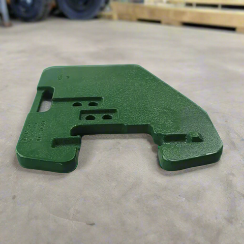 110 lb green suitcase front weight for John Deere
Close-up view of R116262 replacement tractor weight
Angled image of John Deere compatible suitcase weight
Mounted example of 110 lb tractor front weight
Side profile of green cast iron suitcase weight