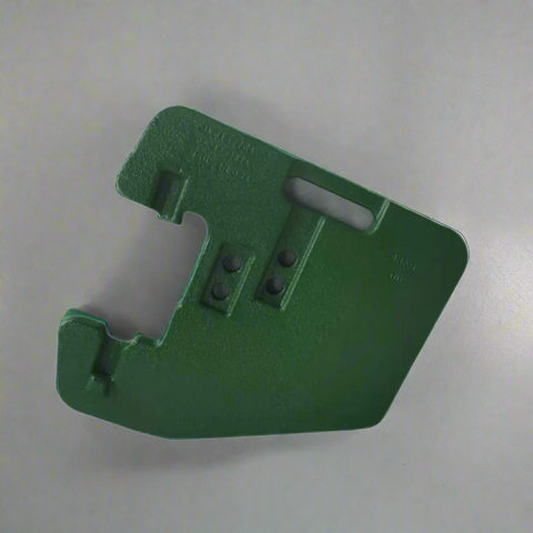 110 lb green suitcase front weight for John Deere
Close-up view of R116262 replacement tractor weight
Angled image of John Deere compatible suitcase weight
Mounted example of 110 lb tractor front weight
Side profile of green cast iron suitcase weight
