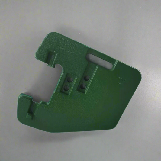 110 lb green suitcase front weight for John Deere
Close-up view of R116262 replacement tractor weight
Angled image of John Deere compatible suitcase weight
Mounted example of 110 lb tractor front weight
Side profile of green cast iron suitcase weight