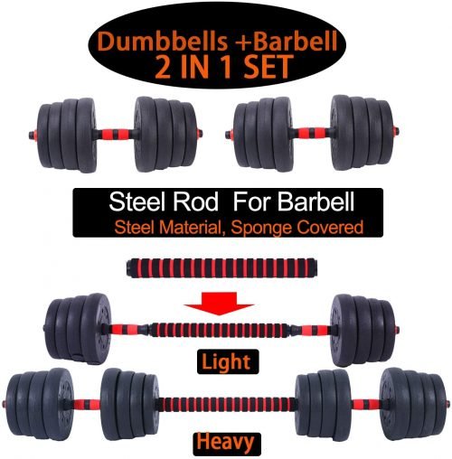 110 LB adjustable dumbbell and barbell set for home gym use

dumbbell and barbell combo set with connecting rod

adjustable workout weights with spinlock safety collars

home strength training weight set full body equipment

solid dumbbell bar with shock-resistant weight plates