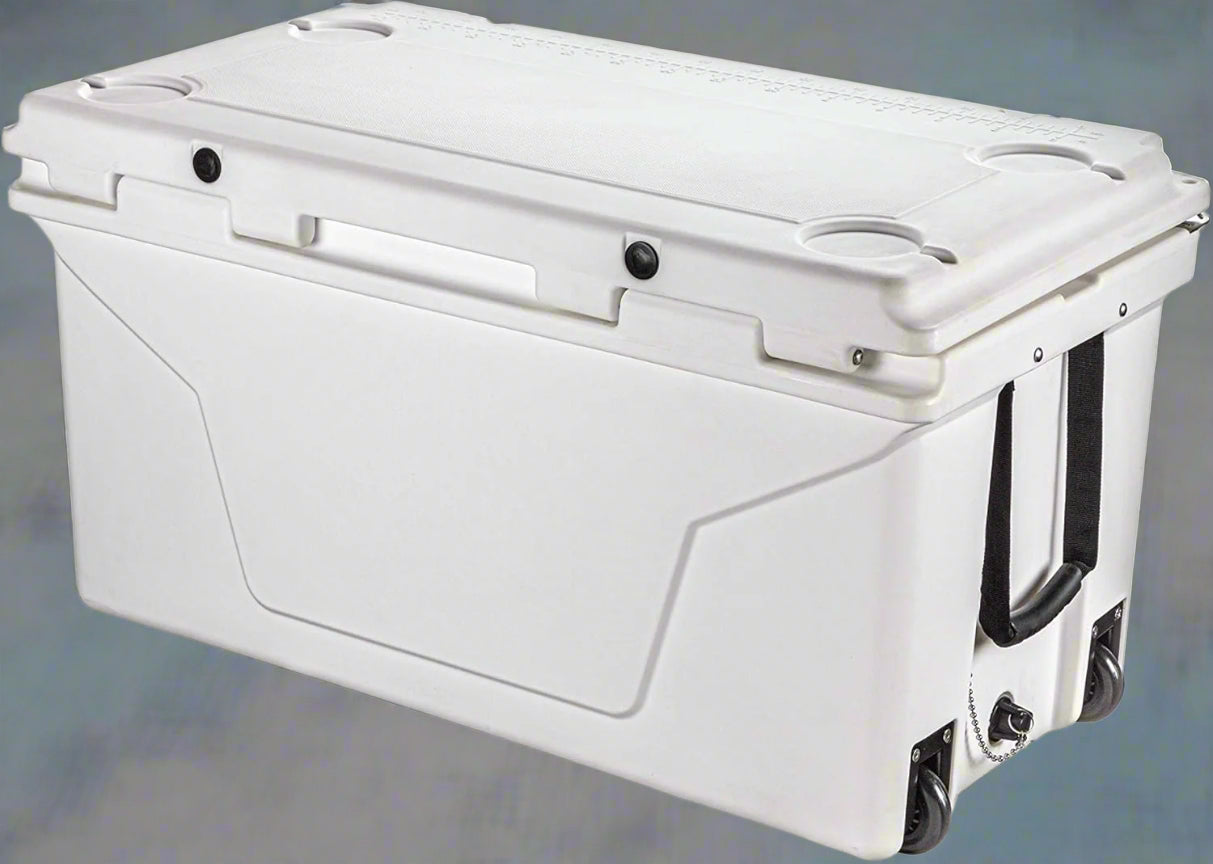 Underside of 110 QT rolling cooler highlighting wheelbase and drainage system