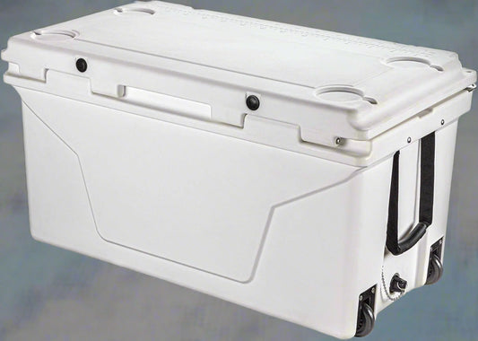 Underside of 110 QT rolling cooler highlighting wheelbase and drainage system