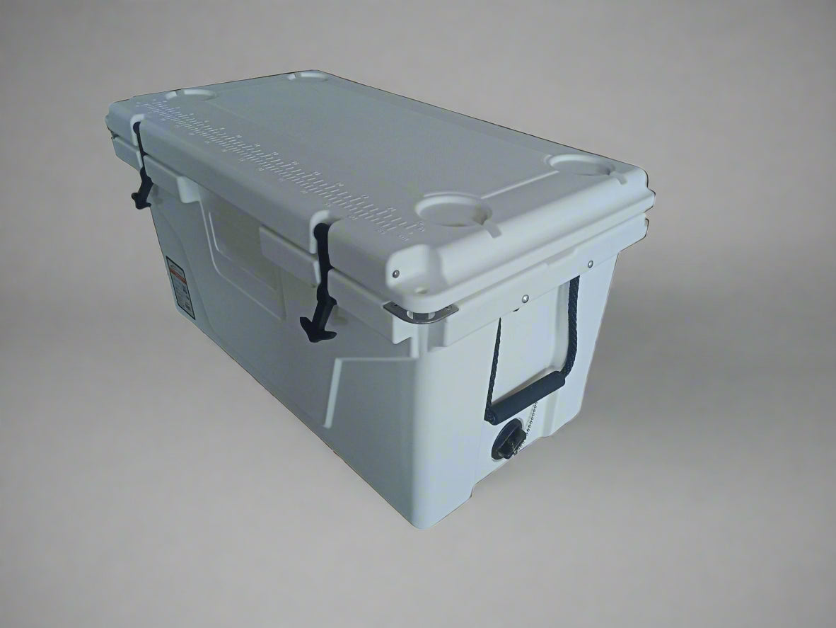 Low-profile cooler design with rugged wheels and molded side handles