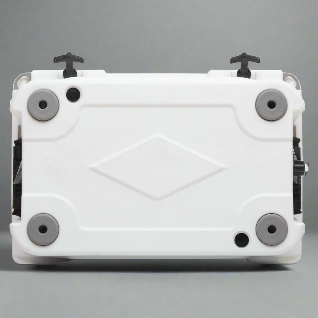 Rolling cooler with ergonomic carry handles and locking wheels