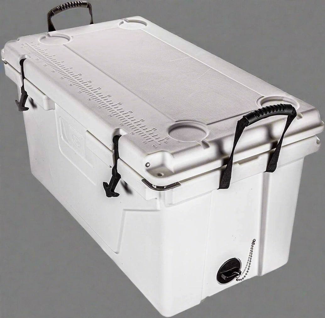 110 QT heavy-duty rolling ice chest with dual wheels and black rubber latches