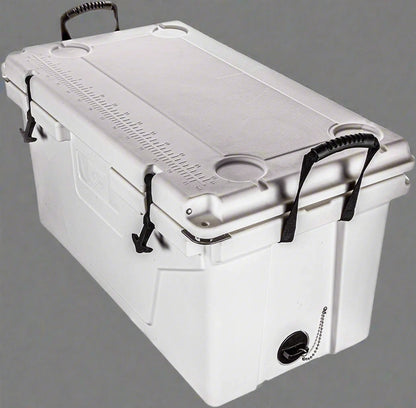 110 QT heavy-duty rolling ice chest with dual wheels and black rubber latches