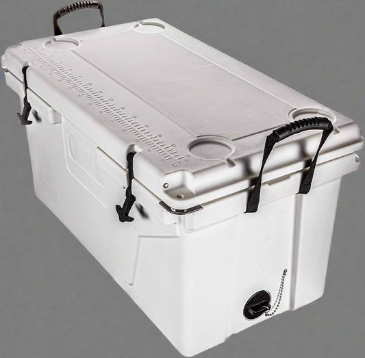 110 QT heavy-duty rolling ice chest with dual wheels and black rubber latches