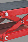Motorcycle scissor lift jack with rubber platform – 1100 lb capacity
Heavy-duty steel ATV jack in red and black
ATV lift jack platform with adjustable height
Compact garage lift for motorcycles and ATVs