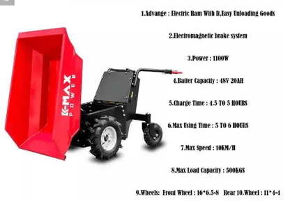 "1100 LB Red Steel Electric Power Wheelbarrow for Gravel and Sand"

Side View: "Electric Mini Dumper with All-Terrain Tires – 1100 LB Capacity"

Control Panel Closeup: "Easy-to-use Controls on Electric Power Wheelbarrow"

Loaded on Gravel Site: "Heavy-Duty Electric Wheelbarrow Hauling Gravel"