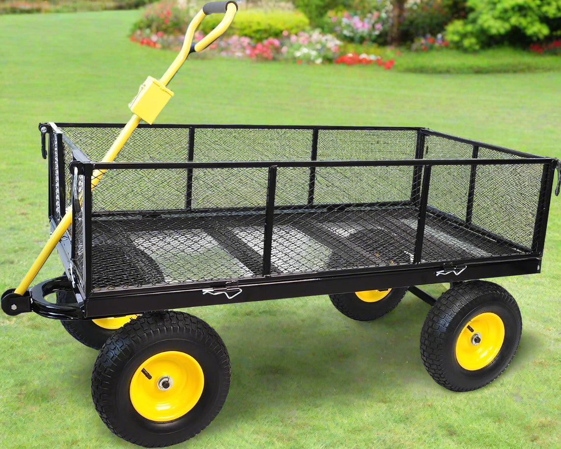 Heavy-duty garden cart with detachable mesh sides and 12-inch tires
Folding utility wagon for yard and landscaping use
1100 lb capacity mesh cart for outdoor hauling
Garden cart with pneumatic wheels and ergonomic rotating handle