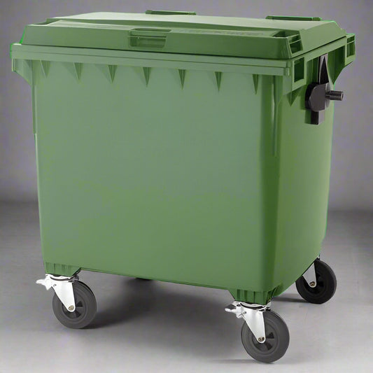 1100L Heavy-Duty Trash Bin – Front View
Side Profile of Green 660L Recycling Bin
Mobile Trash Can with Caster Wheels – Angle View
Locking Brake Mechanism – Close-Up
UV-Resistant Plastic – Heavy-Duty Construction