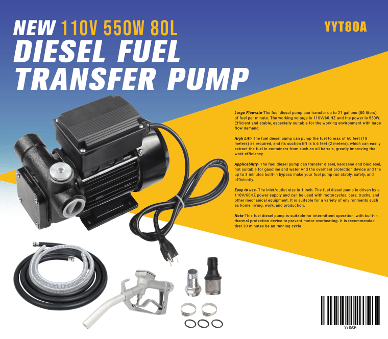 110V Diesel Fuel Transfer Pump – YYT80A Box and Motor Display
Diesel Transfer Kit – 550W Motor with Fittings and Accessories
High Flow 80L/min Diesel Transfer Pump – AC Powered Setup