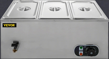 3-pan buffet food warmer front view with lid open

Commercial food warmer showing stainless steel interior

Temperature knob and heating element close-up

Buffet setup with food in all three compartments

Side view of removable pans with food steam