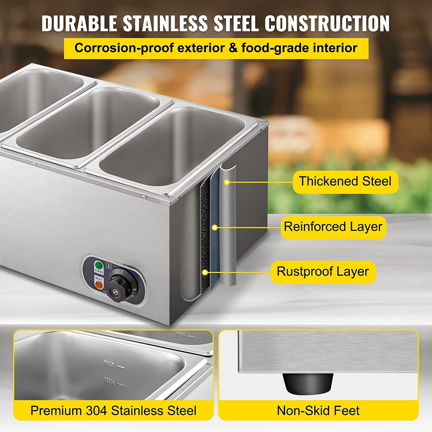 3-pan buffet food warmer front view with lid open

Commercial food warmer showing stainless steel interior

Temperature knob and heating element close-up

Buffet setup with food in all three compartments

Side view of removable pans with food steam