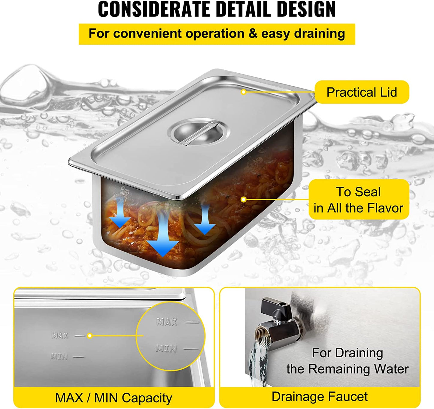 3-pan buffet food warmer front view with lid open

Commercial food warmer showing stainless steel interior

Temperature knob and heating element close-up

Buffet setup with food in all three compartments

Side view of removable pans with food steam