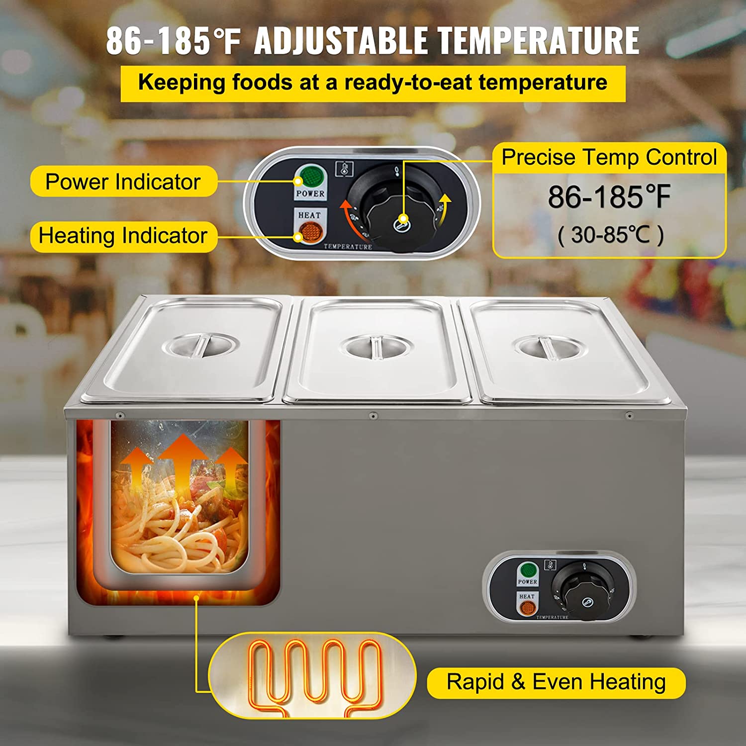 3-pan buffet food warmer front view with lid open

Commercial food warmer showing stainless steel interior

Temperature knob and heating element close-up

Buffet setup with food in all three compartments

Side view of removable pans with food steam