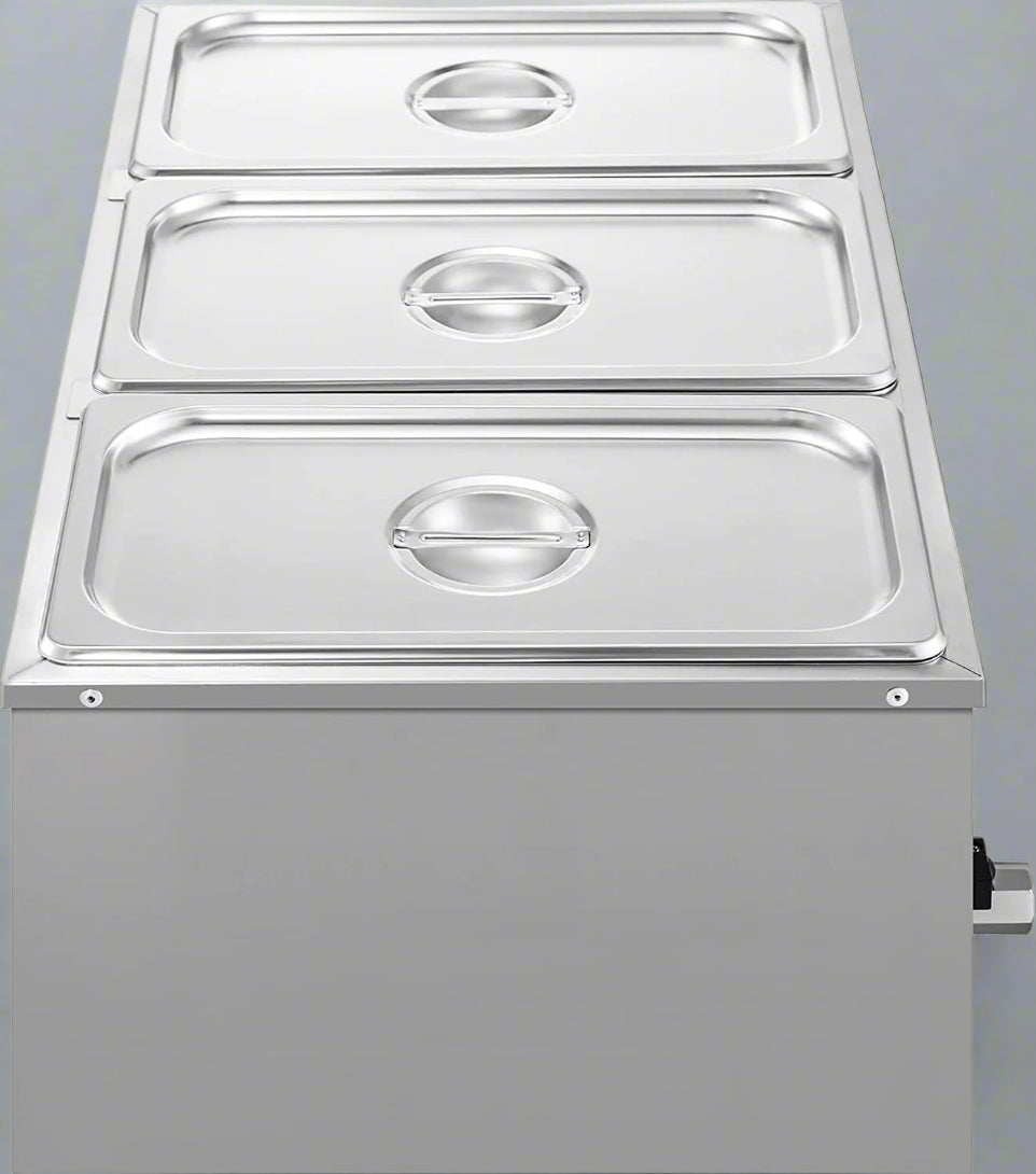 3-pan buffet food warmer front view with lid open

Commercial food warmer showing stainless steel interior

Temperature knob and heating element close-up

Buffet setup with food in all three compartments

Side view of removable pans with food steam