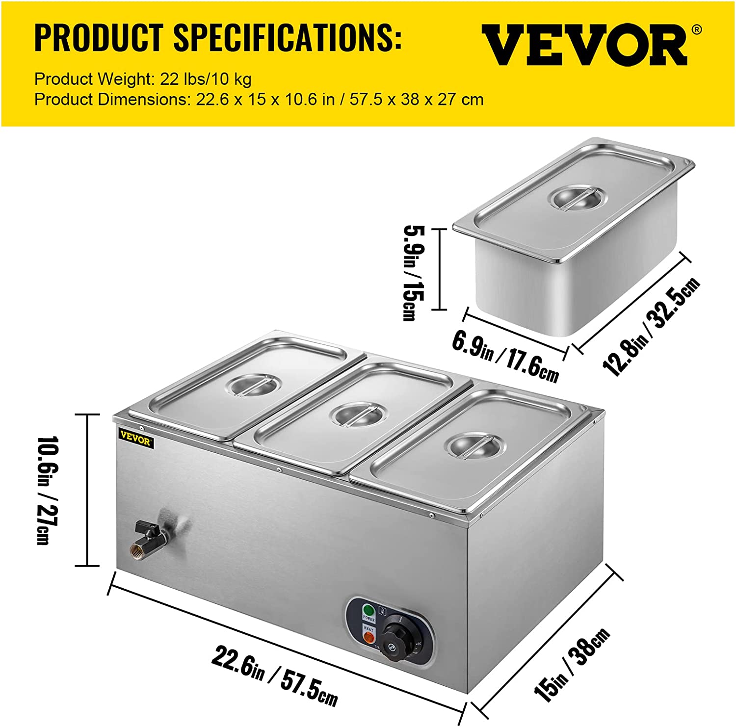 3-pan buffet food warmer front view with lid open

Commercial food warmer showing stainless steel interior

Temperature knob and heating element close-up

Buffet setup with food in all three compartments

Side view of removable pans with food steam