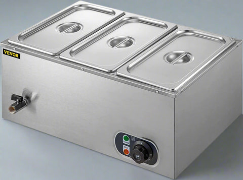 3-pan buffet food warmer front view with lid open

Commercial food warmer showing stainless steel interior

Temperature knob and heating element close-up

Buffet setup with food in all three compartments

Side view of removable pans with food steam