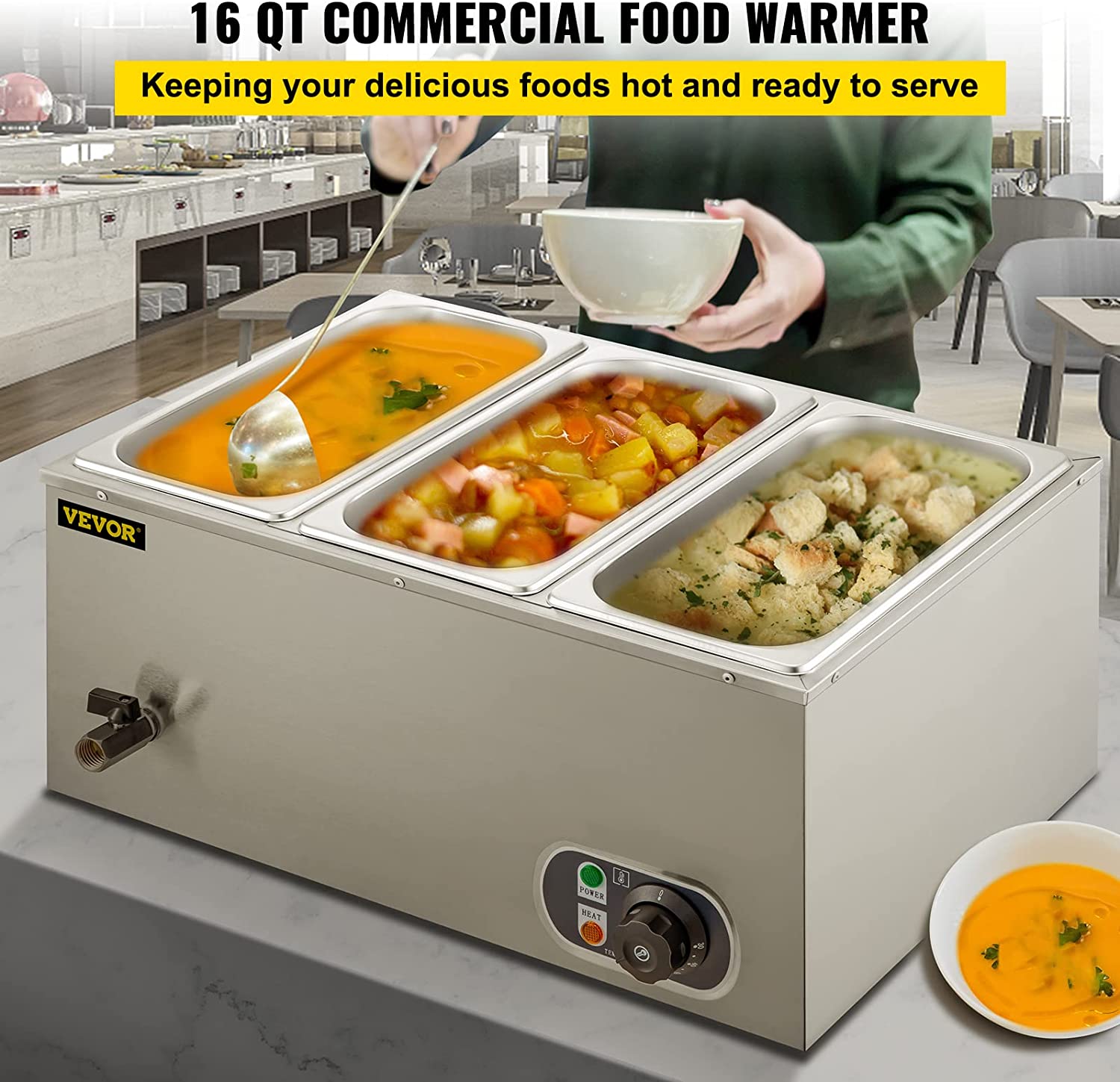3-pan buffet food warmer front view with lid open

Commercial food warmer showing stainless steel interior

Temperature knob and heating element close-up

Buffet setup with food in all three compartments

Side view of removable pans with food steam