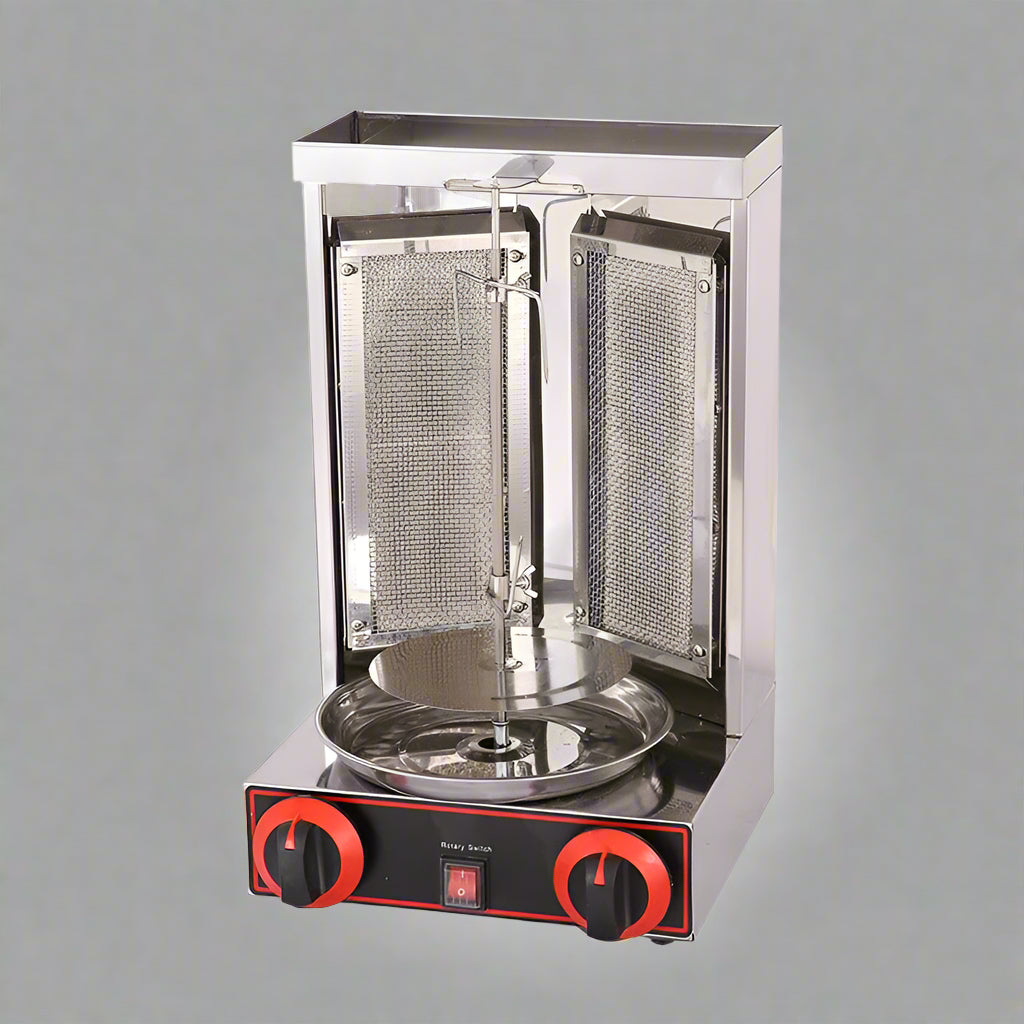 Stainless steel shawarma grill with dual burners
110V electric kebab machine for commercial use
Countertop shawarma grill with propane compatibility
Heavy-duty stainless kebab grill with meat skewers
Rotisserie shawarma machine for restaurant kitchens