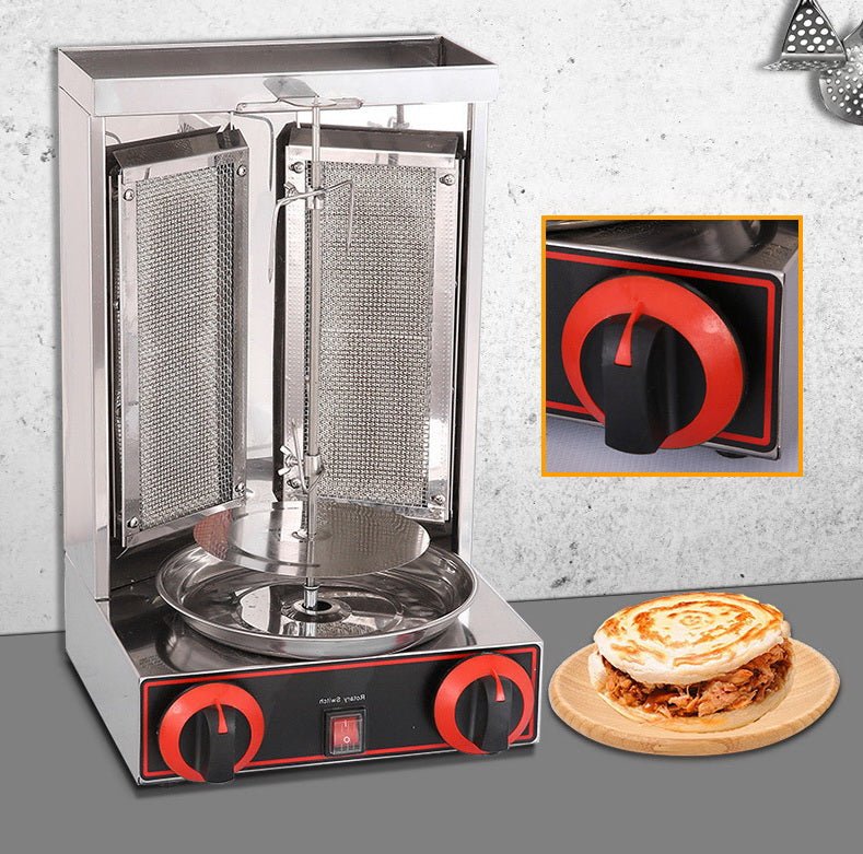 Stainless steel shawarma grill with dual burners
110V electric kebab machine for commercial use
Countertop shawarma grill with propane compatibility
Heavy-duty stainless kebab grill with meat skewers
Rotisserie shawarma machine for restaurant kitchens
