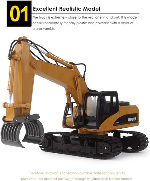 RC demolition grapple excavator with 16-channel remote control
1:14 scale yellow remote control construction vehicle
Functional toy excavator with 680-degree rotating cab
STEM learning RC excavator toy for kids and adults