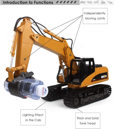 RC demolition grapple excavator with 16-channel remote control
1:14 scale yellow remote control construction vehicle
Functional toy excavator with 680-degree rotating cab
STEM learning RC excavator toy for kids and adults