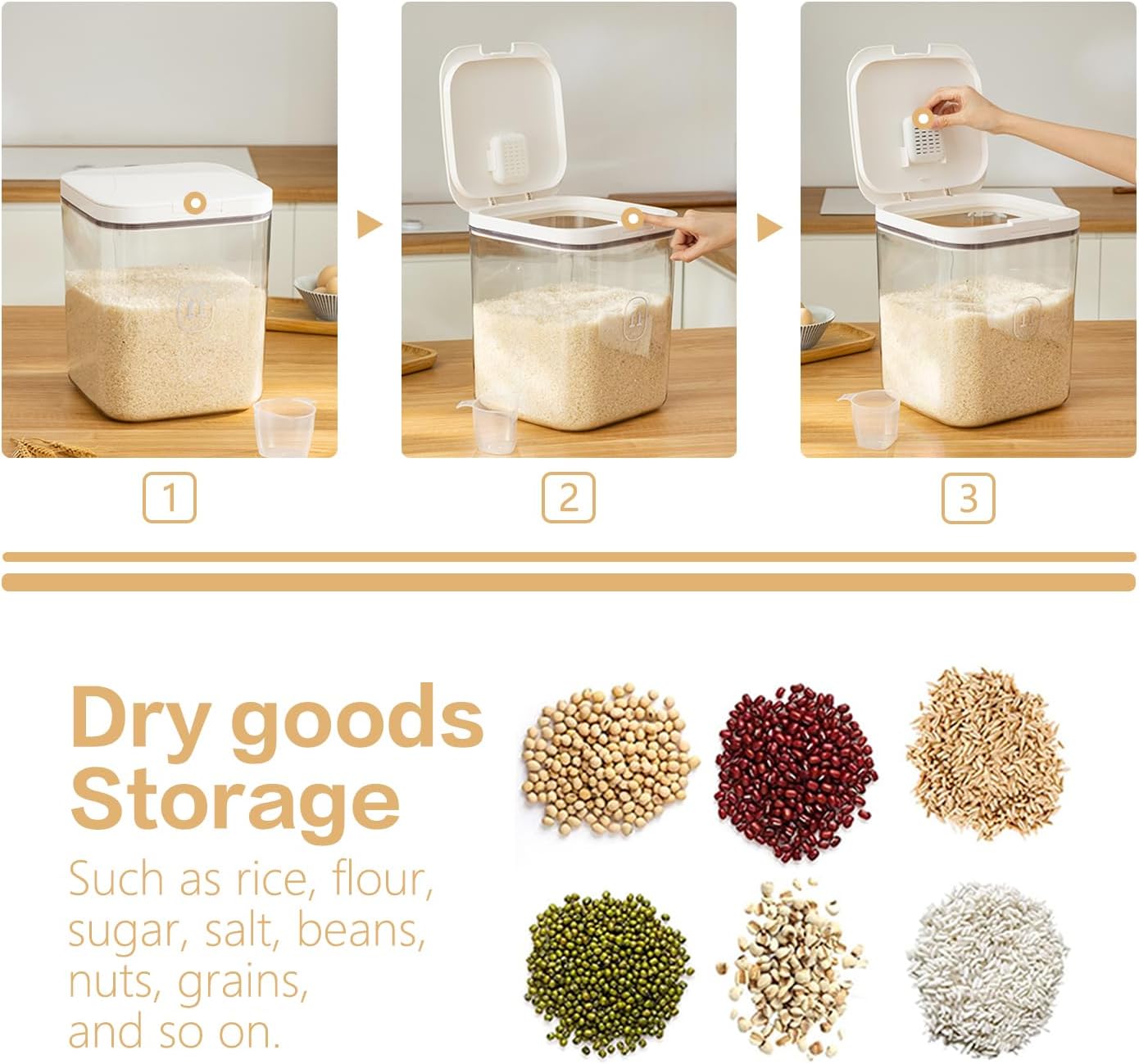 "11L airtight food storage container for flour and rice"

"Clear plastic pantry organizer holding 20 lb of dry goods"

"Large kitchen food bin with airtight seal"