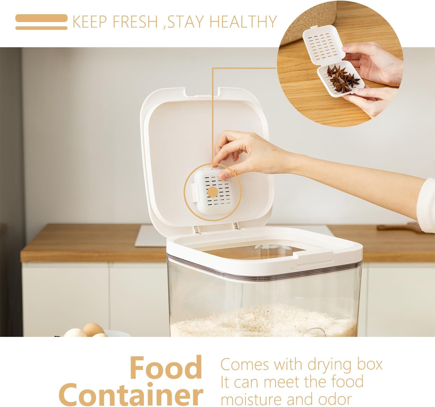 "11L airtight food storage container for flour and rice"

"Clear plastic pantry organizer holding 20 lb of dry goods"

"Large kitchen food bin with airtight seal"