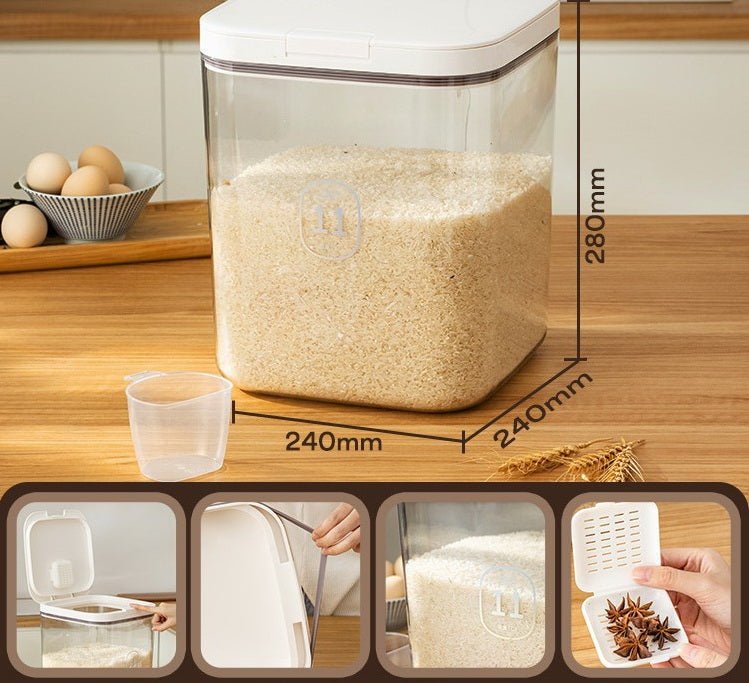 "11L airtight food storage container for flour and rice"

"Clear plastic pantry organizer holding 20 lb of dry goods"

"Large kitchen food bin with airtight seal"